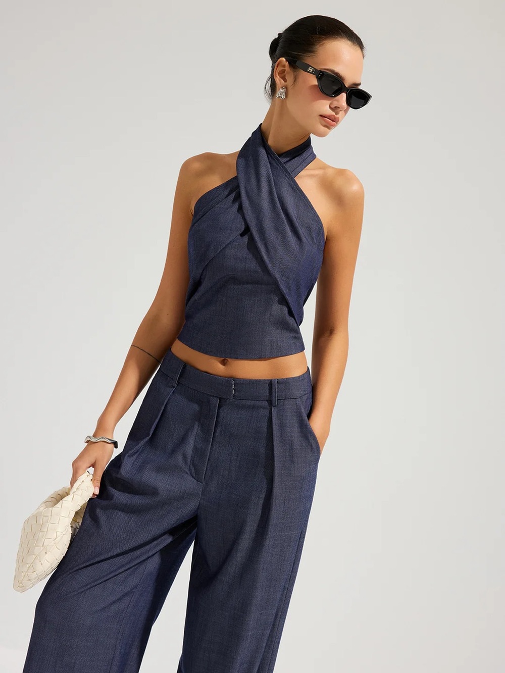 56 Denim Halter Neck Crop Top & Pants Set
